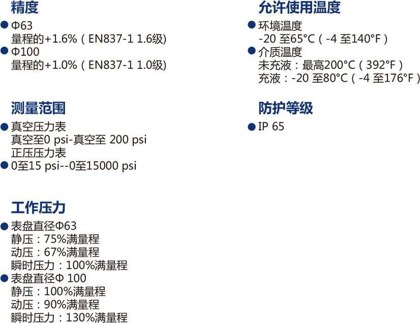 PG係列不鏽鋼壓力表技術參數